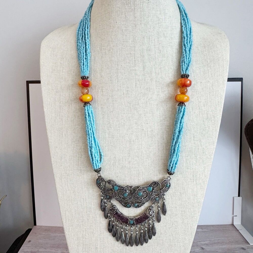 Chunky Boho Southwest Necklace Turquoise Seed Beads Faux Coral Large Pendant
